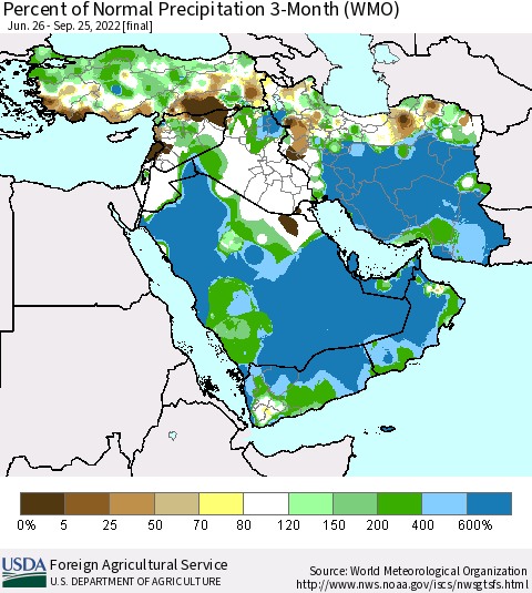 Middle East and Turkey Percent of Normal Precipitation 3-Month (WMO) Thematic Map For 6/26/2022 - 9/25/2022