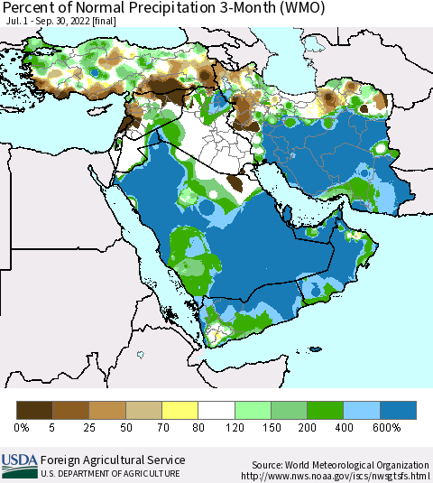 Middle East and Turkey Percent of Normal Precipitation 3-Month (WMO) Thematic Map For 7/1/2022 - 9/30/2022