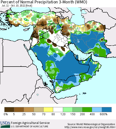 Middle East and Turkey Percent of Normal Precipitation 3-Month (WMO) Thematic Map For 7/11/2022 - 10/10/2022