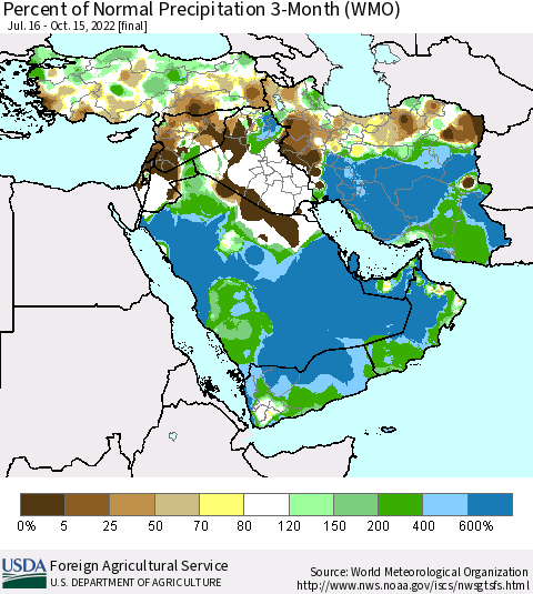 Middle East and Turkey Percent of Normal Precipitation 3-Month (WMO) Thematic Map For 7/16/2022 - 10/15/2022