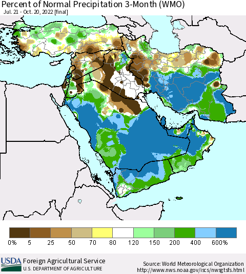 Middle East and Turkey Percent of Normal Precipitation 3-Month (WMO) Thematic Map For 7/21/2022 - 10/20/2022