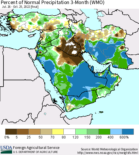 Middle East and Turkey Percent of Normal Precipitation 3-Month (WMO) Thematic Map For 7/26/2022 - 10/25/2022