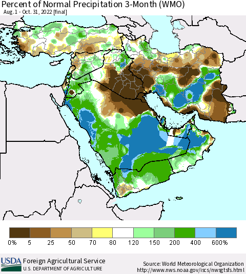 Middle East and Turkey Percent of Normal Precipitation 3-Month (WMO) Thematic Map For 8/1/2022 - 10/31/2022