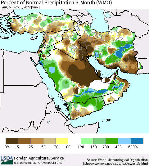 Middle East and Turkey Percent of Normal Precipitation 3-Month (WMO) Thematic Map For 8/6/2022 - 11/5/2022