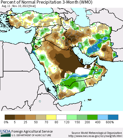 Middle East and Turkey Percent of Normal Precipitation 3-Month (WMO) Thematic Map For 8/11/2022 - 11/10/2022