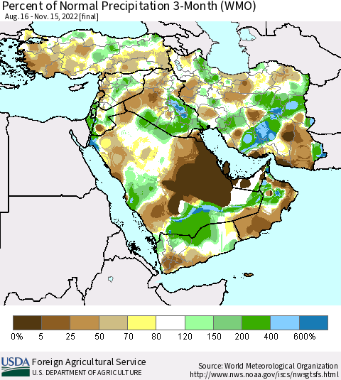 Middle East and Turkey Percent of Normal Precipitation 3-Month (WMO) Thematic Map For 8/16/2022 - 11/15/2022