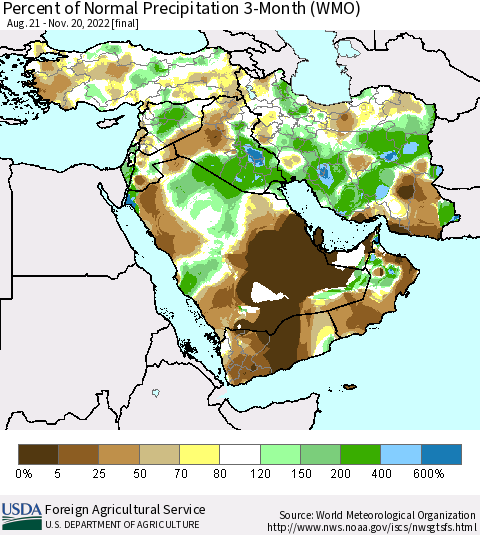 Middle East and Turkey Percent of Normal Precipitation 3-Month (WMO) Thematic Map For 8/21/2022 - 11/20/2022