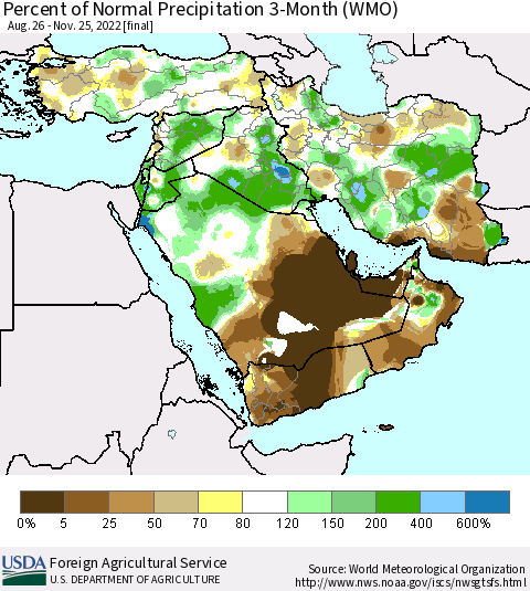 Middle East and Turkey Percent of Normal Precipitation 3-Month (WMO) Thematic Map For 8/26/2022 - 11/25/2022
