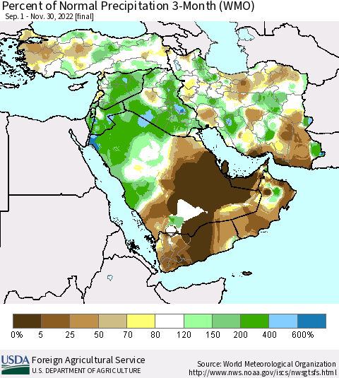 Middle East and Turkey Percent of Normal Precipitation 3-Month (WMO) Thematic Map For 9/1/2022 - 11/30/2022