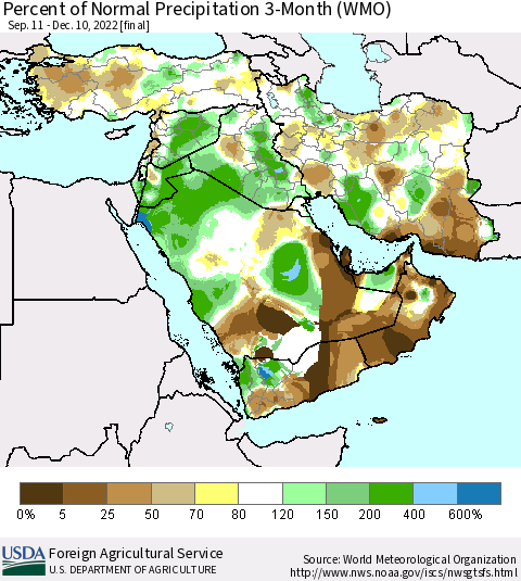 Middle East and Turkey Percent of Normal Precipitation 3-Month (WMO) Thematic Map For 9/11/2022 - 12/10/2022