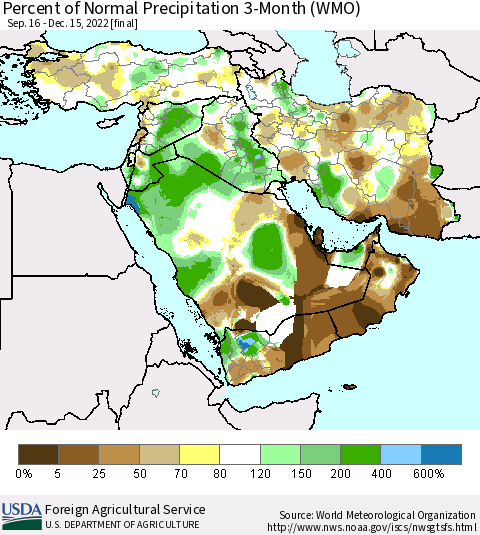 Middle East and Turkey Percent of Normal Precipitation 3-Month (WMO) Thematic Map For 9/16/2022 - 12/15/2022