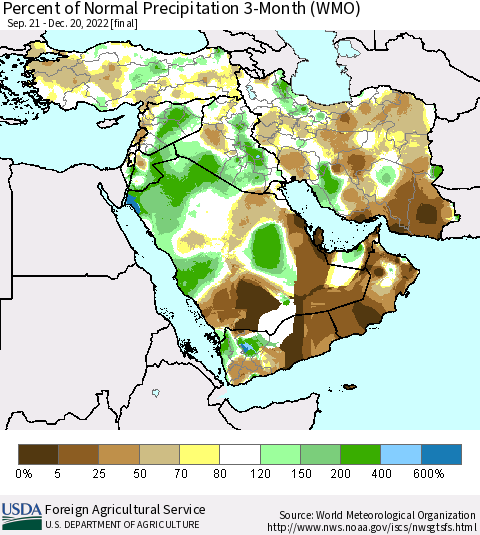 Middle East and Turkey Percent of Normal Precipitation 3-Month (WMO) Thematic Map For 9/21/2022 - 12/20/2022