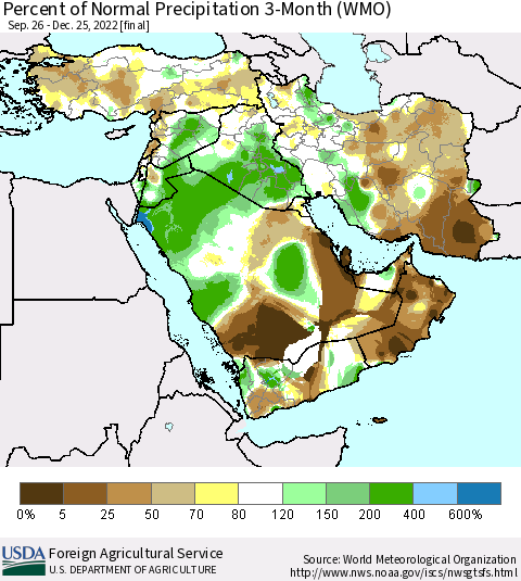 Middle East and Turkey Percent of Normal Precipitation 3-Month (WMO) Thematic Map For 9/26/2022 - 12/25/2022