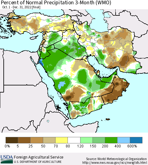 Middle East and Turkey Percent of Normal Precipitation 3-Month (WMO) Thematic Map For 10/1/2022 - 12/31/2022