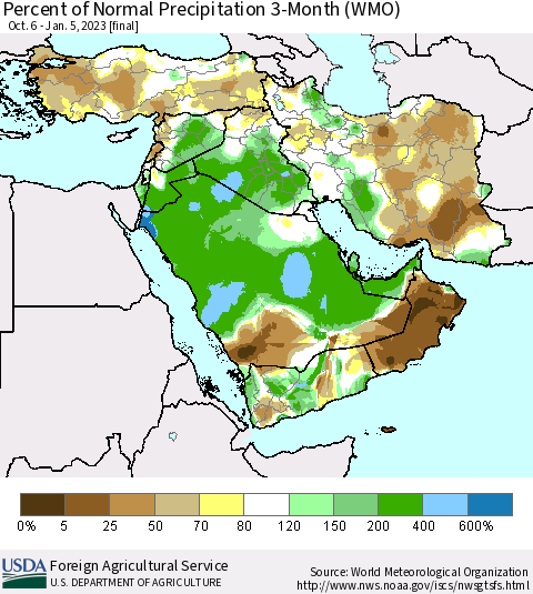 Middle East and Turkey Percent of Normal Precipitation 3-Month (WMO) Thematic Map For 10/6/2022 - 1/5/2023