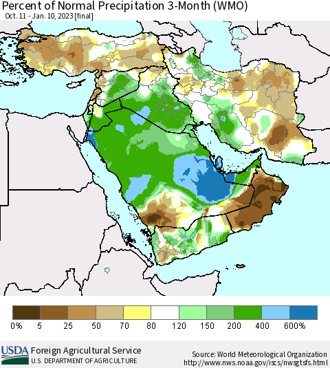 Middle East and Turkey Percent of Normal Precipitation 3-Month (WMO) Thematic Map For 10/11/2022 - 1/10/2023
