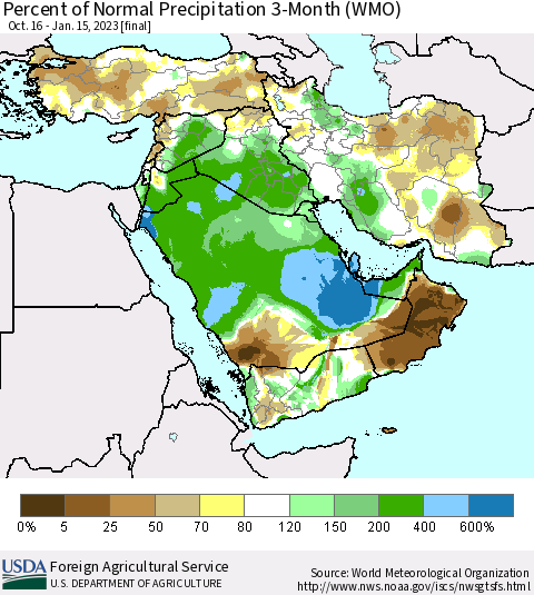 Middle East and Turkey Percent of Normal Precipitation 3-Month (WMO) Thematic Map For 10/16/2022 - 1/15/2023