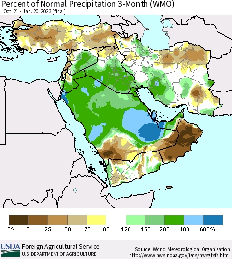 Middle East and Turkey Percent of Normal Precipitation 3-Month (WMO) Thematic Map For 10/21/2022 - 1/20/2023