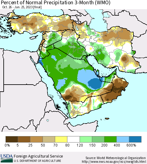 Middle East and Turkey Percent of Normal Precipitation 3-Month (WMO) Thematic Map For 10/26/2022 - 1/25/2023
