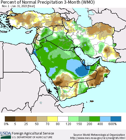 Middle East and Turkey Percent of Normal Precipitation 3-Month (WMO) Thematic Map For 11/1/2022 - 1/31/2023
