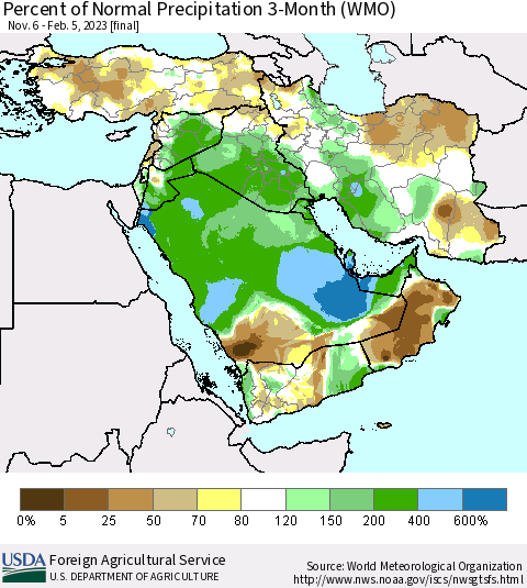 Middle East and Turkey Percent of Normal Precipitation 3-Month (WMO) Thematic Map For 11/6/2022 - 2/5/2023