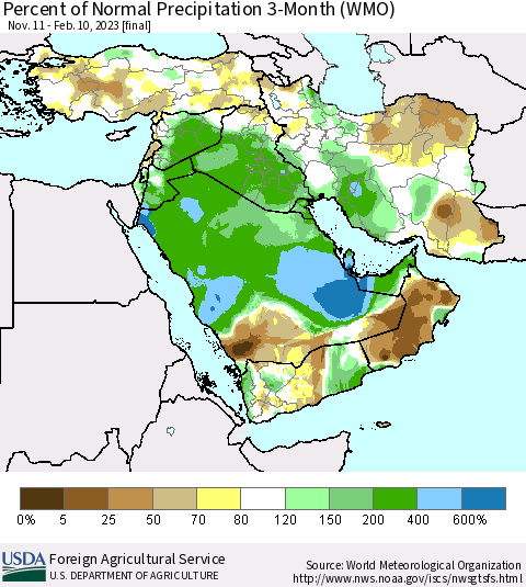 Middle East and Turkey Percent of Normal Precipitation 3-Month (WMO) Thematic Map For 11/11/2022 - 2/10/2023