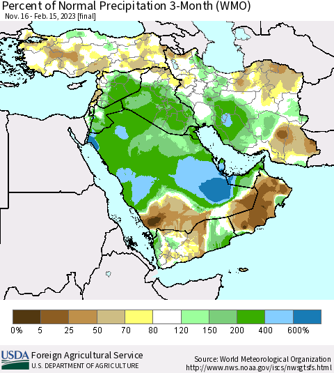 Middle East and Turkey Percent of Normal Precipitation 3-Month (WMO) Thematic Map For 11/16/2022 - 2/15/2023