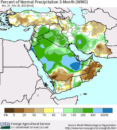 Middle East and Turkey Percent of Normal Precipitation 3-Month (WMO) Thematic Map For 11/21/2022 - 2/20/2023
