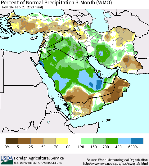 Middle East and Turkey Percent of Normal Precipitation 3-Month (WMO) Thematic Map For 11/26/2022 - 2/25/2023
