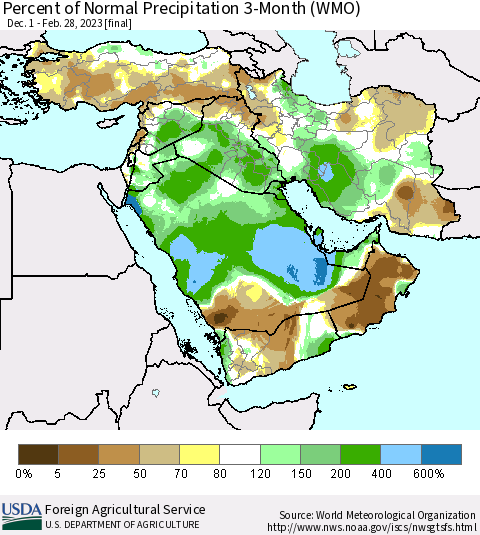 Middle East and Turkey Percent of Normal Precipitation 3-Month (WMO) Thematic Map For 12/1/2022 - 2/28/2023