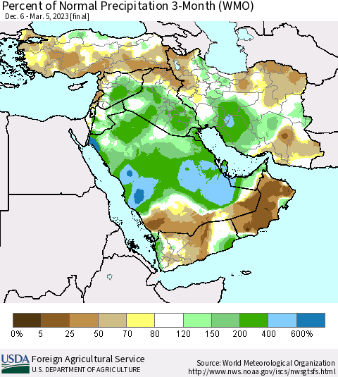 Middle East and Turkey Percent of Normal Precipitation 3-Month (WMO) Thematic Map For 12/6/2022 - 3/5/2023