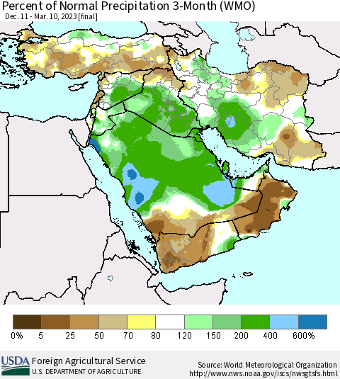 Middle East and Turkey Percent of Normal Precipitation 3-Month (WMO) Thematic Map For 12/11/2022 - 3/10/2023