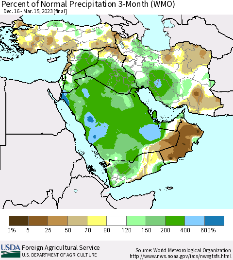 Middle East and Turkey Percent of Normal Precipitation 3-Month (WMO) Thematic Map For 12/16/2022 - 3/15/2023