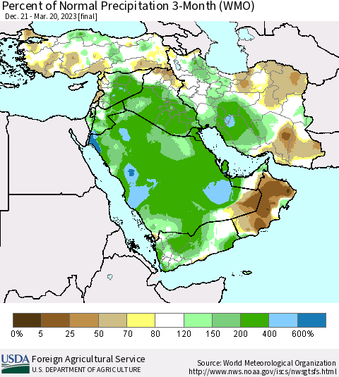 Middle East and Turkey Percent of Normal Precipitation 3-Month (WMO) Thematic Map For 12/21/2022 - 3/20/2023