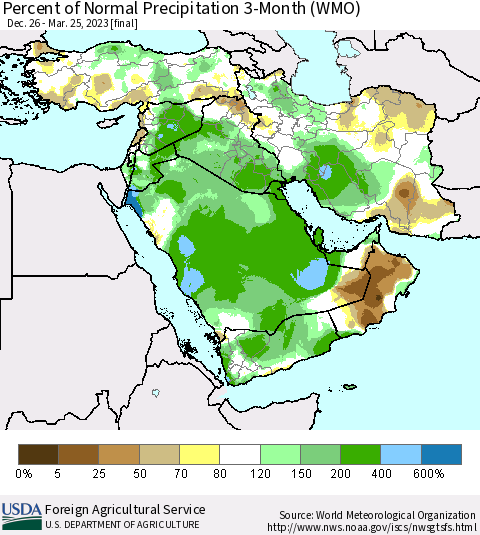 Middle East and Turkey Percent of Normal Precipitation 3-Month (WMO) Thematic Map For 12/26/2022 - 3/25/2023
