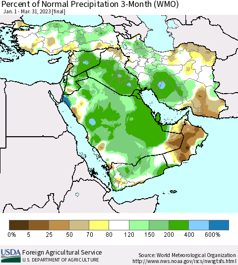 Middle East and Turkey Percent of Normal Precipitation 3-Month (WMO) Thematic Map For 1/1/2023 - 3/31/2023
