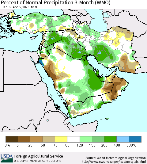 Middle East and Turkey Percent of Normal Precipitation 3-Month (WMO) Thematic Map For 1/6/2023 - 4/5/2023