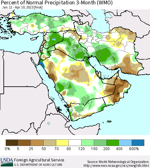Middle East and Turkey Percent of Normal Precipitation 3-Month (WMO) Thematic Map For 1/11/2023 - 4/10/2023