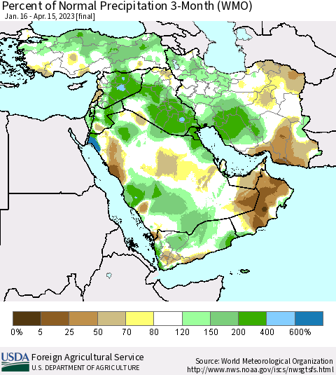 Middle East and Turkey Percent of Normal Precipitation 3-Month (WMO) Thematic Map For 1/16/2023 - 4/15/2023
