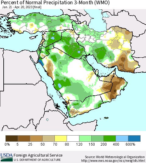 Middle East and Turkey Percent of Normal Precipitation 3-Month (WMO) Thematic Map For 1/21/2023 - 4/20/2023
