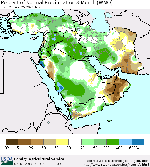 Middle East and Turkey Percent of Normal Precipitation 3-Month (WMO) Thematic Map For 1/26/2023 - 4/25/2023