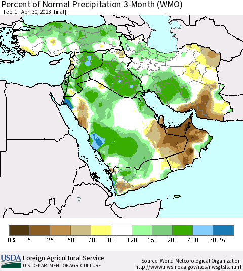 Middle East and Turkey Percent of Normal Precipitation 3-Month (WMO) Thematic Map For 2/1/2023 - 4/30/2023