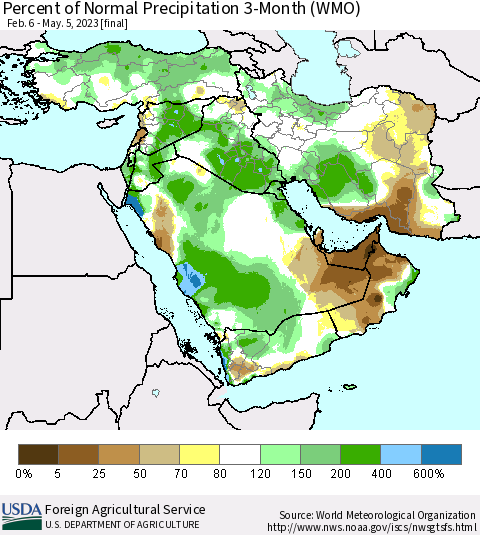 Middle East and Turkey Percent of Normal Precipitation 3-Month (WMO) Thematic Map For 2/6/2023 - 5/5/2023