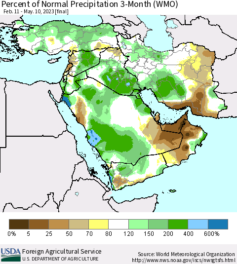 Middle East and Turkey Percent of Normal Precipitation 3-Month (WMO) Thematic Map For 2/11/2023 - 5/10/2023