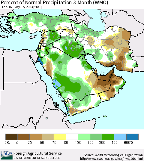 Middle East and Turkey Percent of Normal Precipitation 3-Month (WMO) Thematic Map For 2/16/2023 - 5/15/2023