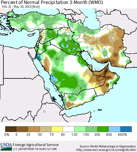 Middle East and Turkey Percent of Normal Precipitation 3-Month (WMO) Thematic Map For 2/21/2023 - 5/20/2023