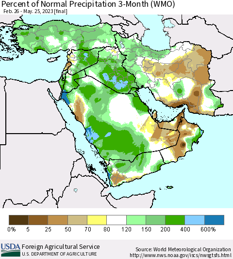 Middle East and Turkey Percent of Normal Precipitation 3-Month (WMO) Thematic Map For 2/26/2023 - 5/25/2023
