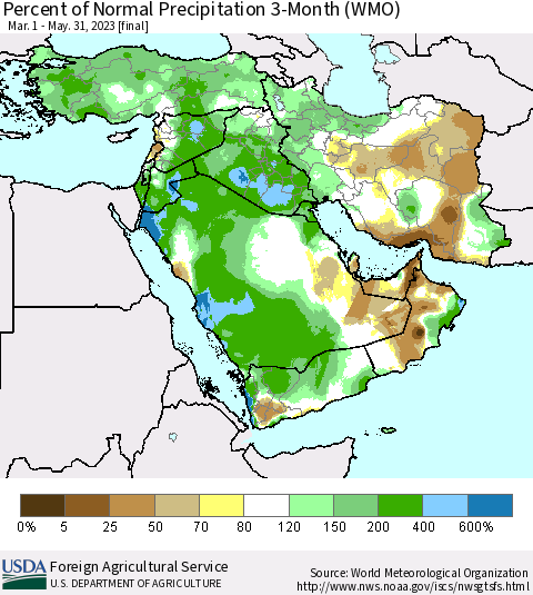 Middle East and Turkey Percent of Normal Precipitation 3-Month (WMO) Thematic Map For 3/1/2023 - 5/31/2023