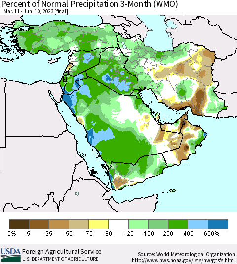 Middle East and Turkey Percent of Normal Precipitation 3-Month (WMO) Thematic Map For 3/11/2023 - 6/10/2023