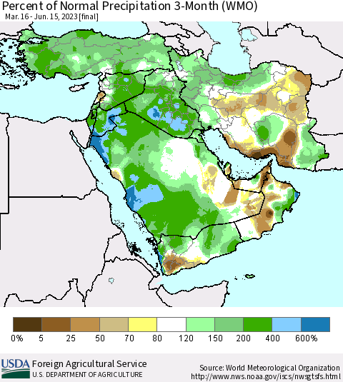 Middle East and Turkey Percent of Normal Precipitation 3-Month (WMO) Thematic Map For 3/16/2023 - 6/15/2023